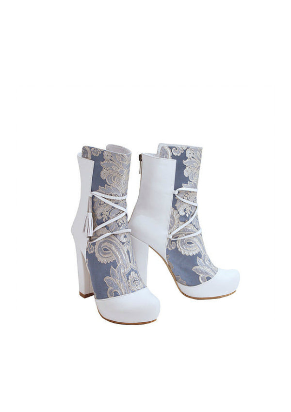 Zeyzani Textile Mid Calf Chunky Heel Ice Blue